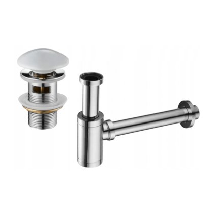Mexen příslušenství, Kulatý umyvadlový sifon s keramickou zátkou click-clack, s přepadem, chromová - bílá, 7992050-02