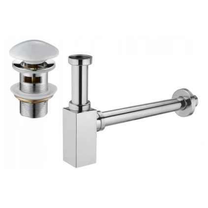 Mexen příslušenství, Čtvercový umyvadlový sifon s keramickou zátkou click-clack, s přepadem, chromová - bílá, 7992060-02