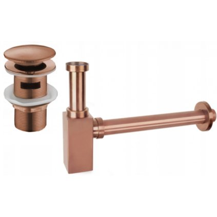 Mexen příslušenství, Čtvercový umyvadlový sifon se zátkou click-clack, s přepadem, růžová zlatá, 7992060-60
