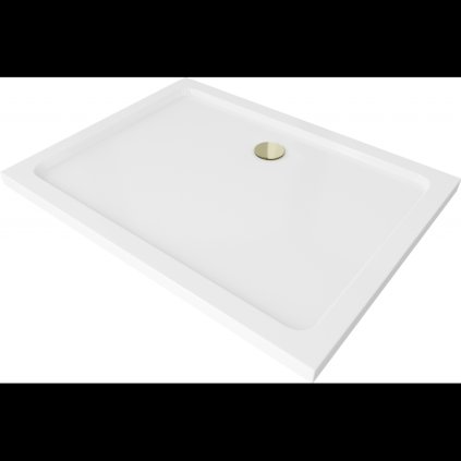 Mexen SLIM - Obdélníková sprchová vanička 90x70x5cm + zlatý sifon, bílá, 40107090G