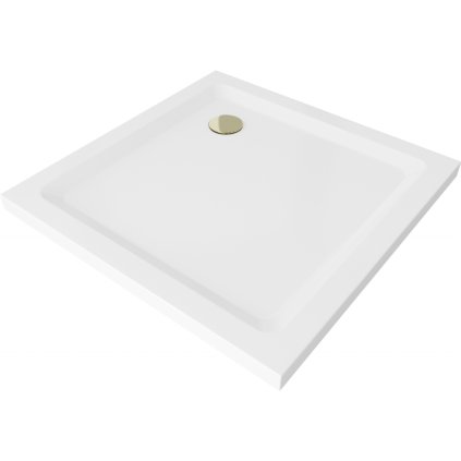 Mexen SLIM - Čtvercová sprchová vanička 90x90x5cm + zlatý sifon, bílá, 40109090G