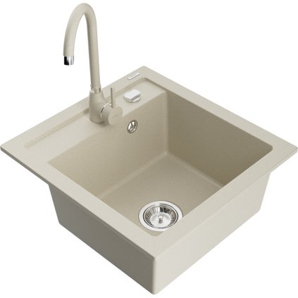 Mexen Vito, 1-komorový granitový dřez a kuchyňská baterie Telma, béžová, 6503-69-670200-69