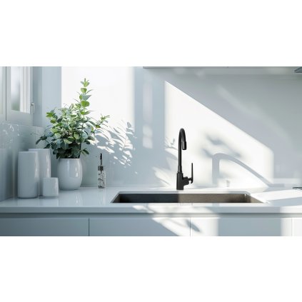 Invena Ligaria, vysoká dřezová baterie s elastickým ramenem, systém Eco Start, černá matná, INV-BZ-39-004-L