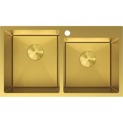 Mexen Xorin, 2-komorový nerezový dřez 780 x 450 mm, broušená zlatá, vzor voština, 6441782000-55HC