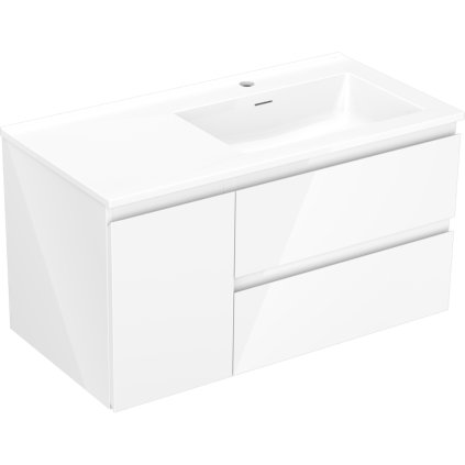 Mexen Orio, koupelnová skříňka 90 cm s pravým umyvadlem Otis, 2S, 1D, bílá lesklá, 91A13-09047-3-BBFFF00-W18P00