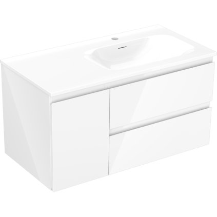 Mexen Orio, koupelnová skříňka 90 cm s pravým umyvadlem Vela, 2S, 1D, bílá lesklá, 91A13-09047-3-BBFFF00-W23P00