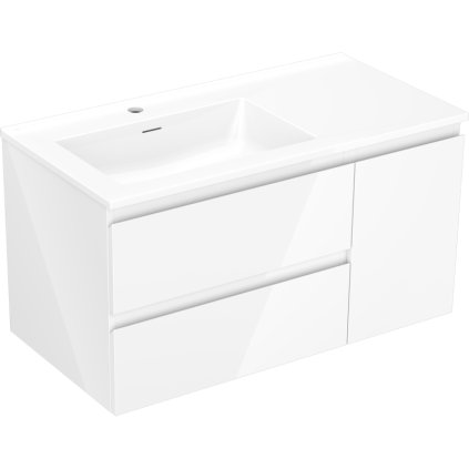 Mexen Orio, koupelnová skříňka 90 cm s umyvadlem Otis vlevo, 2S, 1D, bílá lesklá, 91A13-09047-3-BBFFF00-W18L00