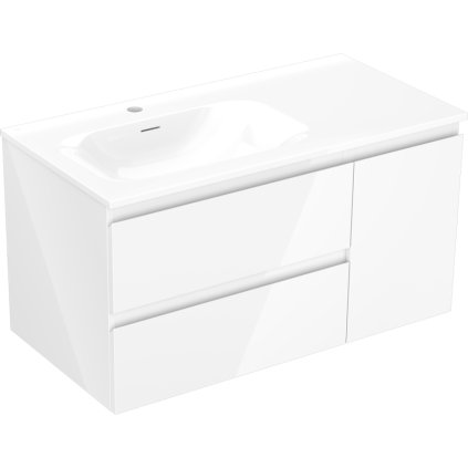 Mexen Orio, koupelnová skříňka 90 cm s umyvadlem Vela levá, 2S, 1D, bílá lesklá, 91A13-09047-3-BBFFF00-W23L00