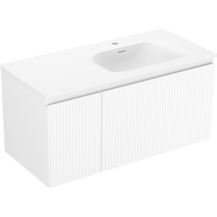 Mexen Rivel, koupelnová skříňka 100 cm s pravým umyvadlem Vela, 1S, 1D, drážkovaná, bílá matná, 91A23-10047-3-BBFF01-W23P01
