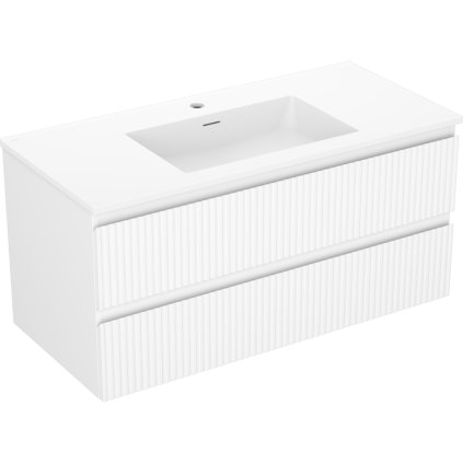 Mexen Rivel, koupelnová skříňka 100 cm s umyvadlem Otis, 2 zásuvky, drážkovaná, bílá matná, 91A20-10047-2-BFF01-W18M01