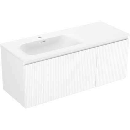 Mexen Rivel, koupelnová skříňka 120 cm s levým umyvadlem Vela, 1S, 1D, drážkovaná, bílá matná, 91A23-12047-3-BBFF01-W23L01