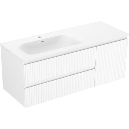 Mexen Rivel, koupelnová skříňka 120 cm s levým umyvadlem Vela, 2S, 1D, drážkovaná, bílá matná, 91A23-12047-3-BBFFF01-W23L01