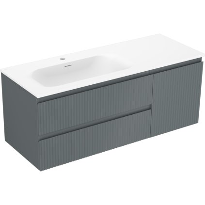 Mexen Rivel, koupelnová skříňka 120 cm s levým umyvadlem Vela, 2S, 1D, drážkovaná, grafitová/bílá matná, 91A23-12047-3-BBFFF66-W23L01