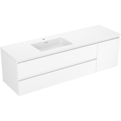 Mexen Rivel, koupelnová skříňka 160 cm s levým umyvadlem Otis, 2S, 1D, drážkovaná, bílá matná, 91A23-16047-3-BBFFF01-W18L01