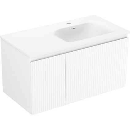 Mexen Rivel, koupelnová skříňka 90 cm s pravým umyvadlem Vela, 1S, 1D, s drážkami, bílá matná, 91A23-09047-3-BBFF01-W23P01