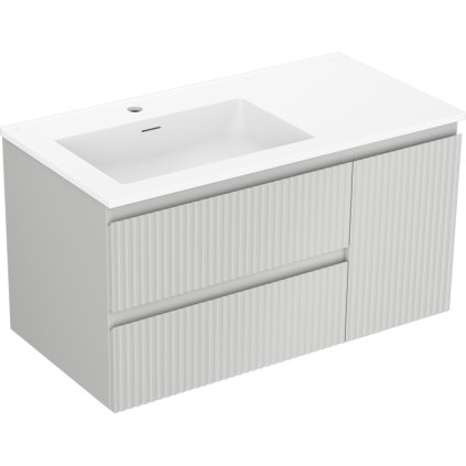 Mexen Rivel, koupelnová skříňka 90 cm s umyvadlem Otis vlevo, 2S, 1D, drážkovaná, šedá matná/bílá matná - 91A23-09047-3-BBFFF62-W18L01