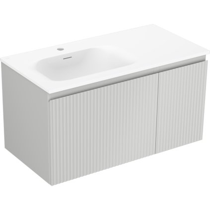 Mexen Rivel, koupelnová skříňka 90 cm s umyvadlem Vela na levé straně, 1S, 1D, drážkovaná, šedá matná/bílá matná - 91A23-09047-3-BBFF62-W23L01