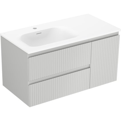 Mexen Rivel, koupelnová skříňka 90 cm s umyvadlem Vela na levé straně, 2S, 1D, drážkovaná, šedá matná/bílá matná - 91A23-09047-3-BBFFF62-W23L01