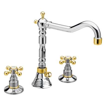 Reitano Rubinetteria, ANTEA tříprvková umyvadlová baterie s retro hubicí, s výpustí, chrom/zlato, 3222