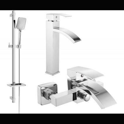 Mexen Libra, vysoká umyvadlová a vanová baterie se sprchovou sadou DQ62, chromová, 745113DQ62-00