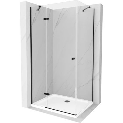 Mexen Roma, sprchový kout s 1-křídlými dveřmi 80 (dveře) x 110 (stěna) cm, 6mm čiré sklo, černý profil, slim sprchová vanička 5cm bílá s černým sifonem, 854-080-110-70-00-4010B