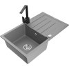 Mexen Bruno, dřez granitový 795x495x200 mm, 1-komorový, šedá s chromovým sifonem a černá dřezová baterie Rita, 6513-71-670300-70