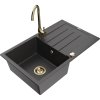 Mexen Bruno, 1-komorový granitový dřez s odkapávačem 795x495x200 mm a zlatá kuchyňská baterie Telma, černá skvrnitá, 6513-76-670200-50