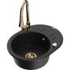 Mexen Kevin, 1-komorový granitový dřez 586x458x190 mm a dřezová baterie Elia, černá, 6517-77-670101-50