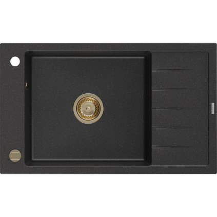 Mexen Elias, gránit mosogató gránit 795x480x200 mm, 1 kamrás, fekete-ezüst metál arany szifonnal, 6511791005-73-G