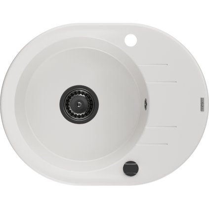 Mexen Kevin, gránit mosogató 586x458x190 mm, 1 kamrás, fehér, fekete szifonnal, 6517581005-20-B