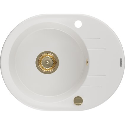 Mexen Kevin, gránit mosogató 586x458x190 mm, 1 kamrás, fehér, arany szifonnal, 6517581005-20-G