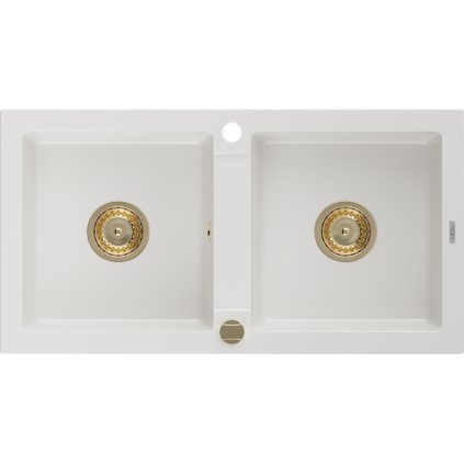 Mexen Mario, gránit mosogató 820x436x161 mm, 2 kamrás, fehér, arany szifonnal, 6504822000-20-G