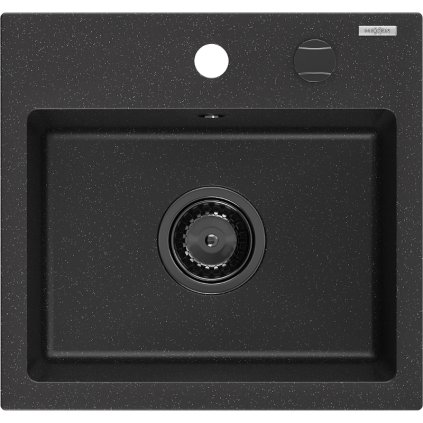 Mexen Milo, gránit mosogató 435x410x171 mm, 1 kamrás, fekete-ezüst metál fekete szifonnal, 6505441000-73-B