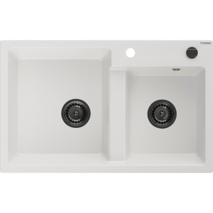 Mexen Tomas, gránit mosogató 800x500x190 mm, 2 kamrás, fehér, fekete szifonnal, 6516802000-20-B