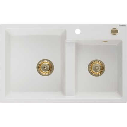 Mexen Tomas, gránit mosogató 800x500x190 mm, 2 kamrás, fehér, arany szifonnal, 6516802000-20-G