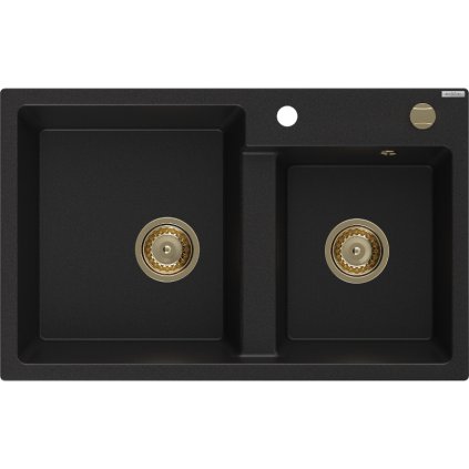 Mexen Tomas, gránit mosogató 800x500x190 mm, 2 kamrás, fekete, arany szifonnal, 6516802000-77-G
