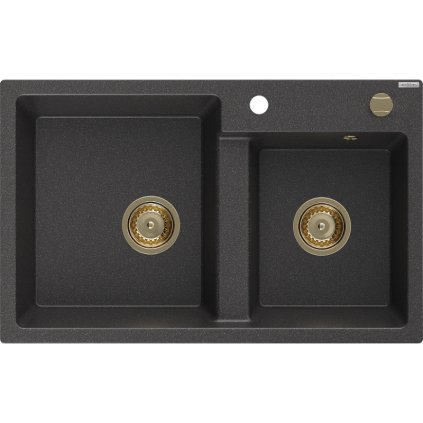 Mexen Tomas, gránit mosogató 800x500x190 mm, 2 kamrás, fekete foltos arany szifonnal, 6516802000-76-G