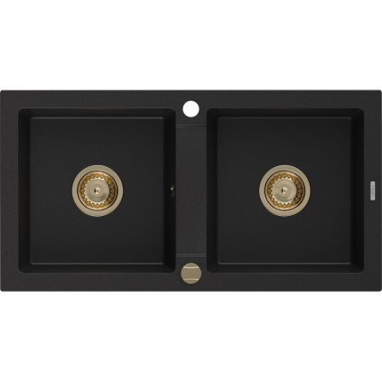 Mexen Mario, gránit mosogató 820x436x161 mm, 2 kamrás, fekete, arany szifonnal, 6504822000-77-G