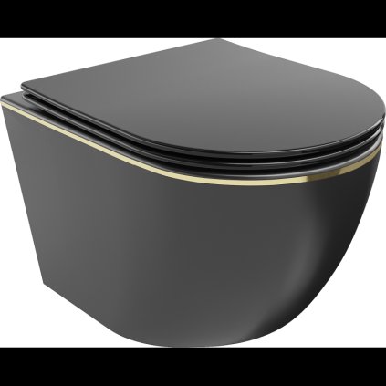 Mexen Lena, függő wc csésze 480x360x355 mm, lassan süllyedő ülőfelülettel, matt fekete - arany él, 30224075