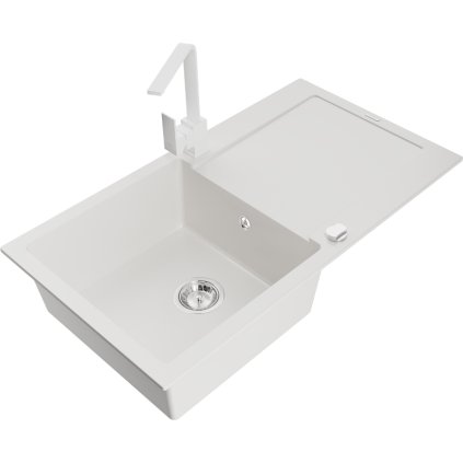 Mexen Leo, gránit mosogató 900x500x190 mm, 1 kamrás, fehér króm szifonnal és fehér Rita mosogató csaptelep, 6501-20-670300-20