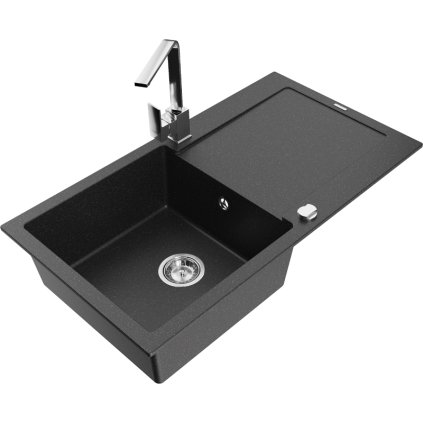 Mexen Leo, gránit mosogató 900x500x190 mm, 1 kamrás, fekete - ezüst metál króm szifonnal és króm Rita mosogató csaptelep, 6501-73-670300-00