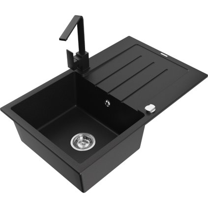 Mexen Bruno, gránit mosogató 795x495x200 mm, 1 kamrás, fekete króm szifonnal és fekete Rita mosogató csaptelep, 6513-77-670300-70