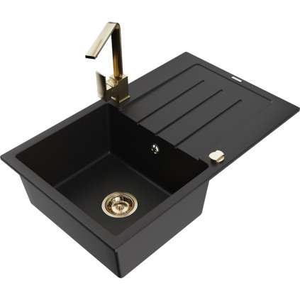 Mexen Bruno, gránit mosogató 795x495x200 mm, 1 kamrás, fekete arany szifonnal és arany Rita mosogató csapteleppel, 6513-77-670300-50