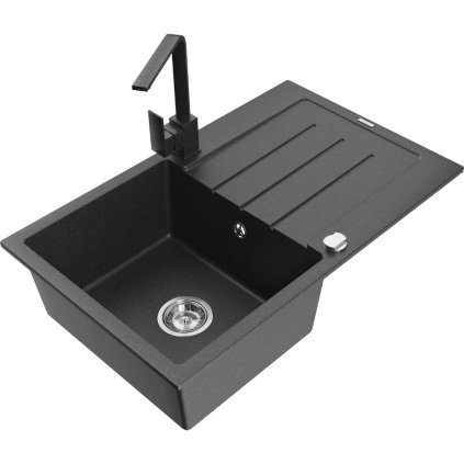 Mexen Bruno, gránit mosogató 795x495x200 mm, 1 kamrás, fekete foltos króm szifonnal és Rita fekete foltos mosogató csaptelep, 6513-76-670300-76