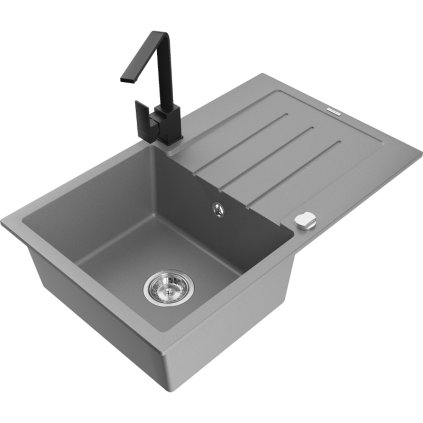 Mexen Bruno, gránit mosogató 795x495x200 mm, 1 kamrás, szürke króm szifonnal és fekete Rita mosogató csaptelep, 6513-71-670300-70