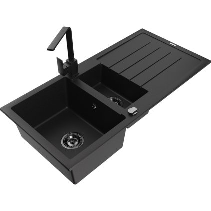 Mexen Andres, gránit mosogató 1000x500x200 mm, 1,5 kamrás, fekete króm szifonnal és króm mosogató csaptelep Rita, 6515-77-670300-70-B