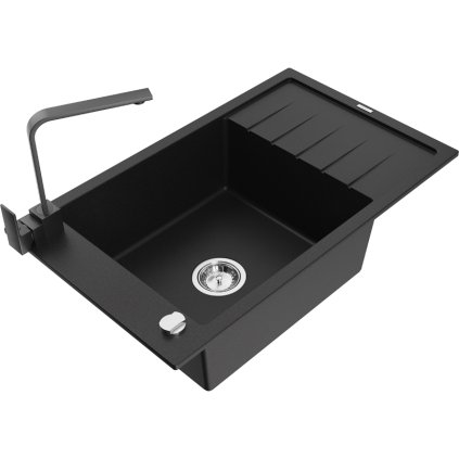 Mexen Elias, gránit mosogató gránit 795x480x200 mm, 1 kamrás, fekete króm szifonnal és fekete Rita mosogató csaptelep, 6511-77-670300-70