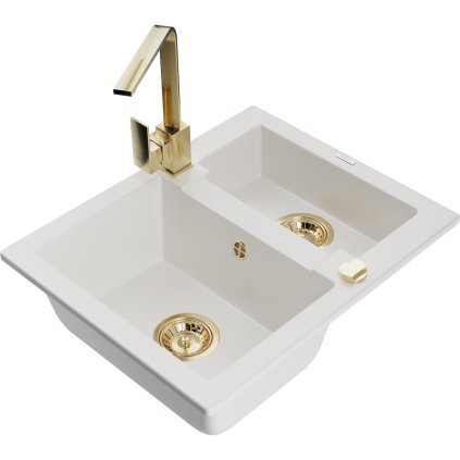 Mexen Carlos, 1,5 kamrás gránit mosogató lefolyóval 582x475x177 mm és Rita arany konyhai csaptelep, fehér, 6518-20-670300-50