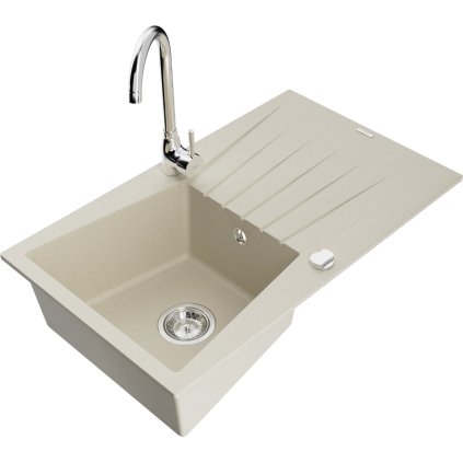 Mexen Cesar, gránit mosogató 775x470x190 mm, 1 kamrás, bézs króm szifonnal és króm Telma mosogató csaptelep, 6514-69-670200-00