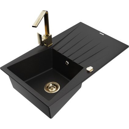Mexen Cesar, gránit mosogató 775x470x190 mm, 1 kamrás, fekete arany szifonnal és arany Rita mosogató csapteleppel, 6514-77-670300-50